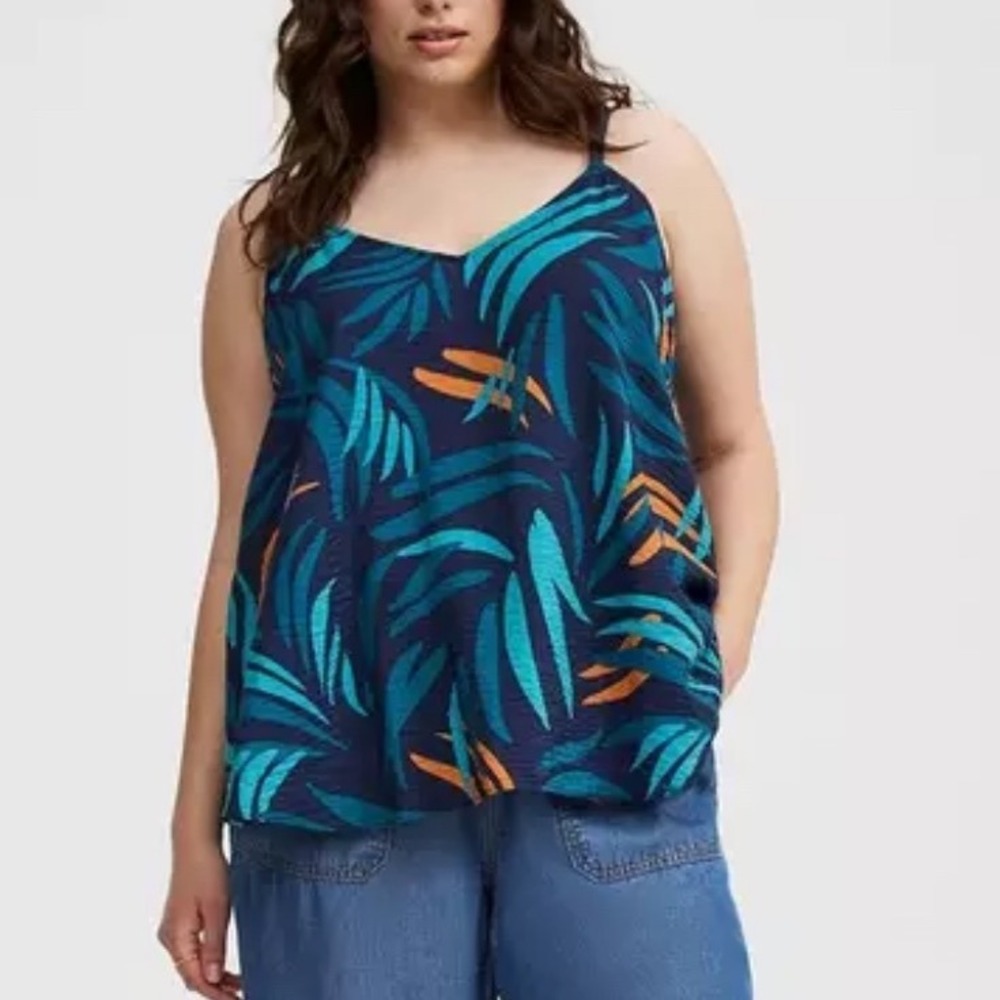Torrid Sophie Swing Cami 2X (18-20) Tank‎ Top Palm Leaves Teal Blue Rayon Nylon